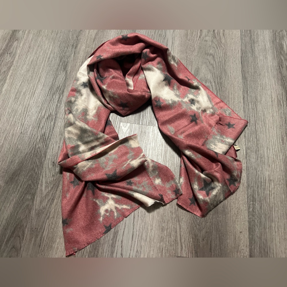 JC Sunny Cashmere Acrylic Blend Ruana Shawl Wrap Scarf Pink Stars